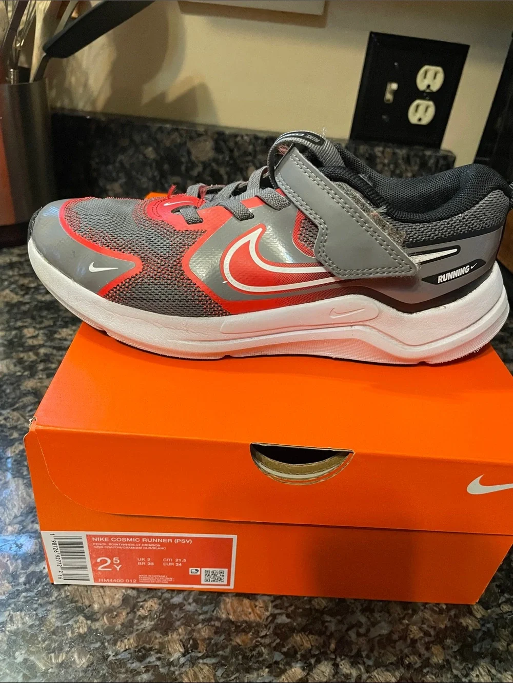 Nike Kids Gray and Red Active Sneakers with Hook-and-Loop Strap